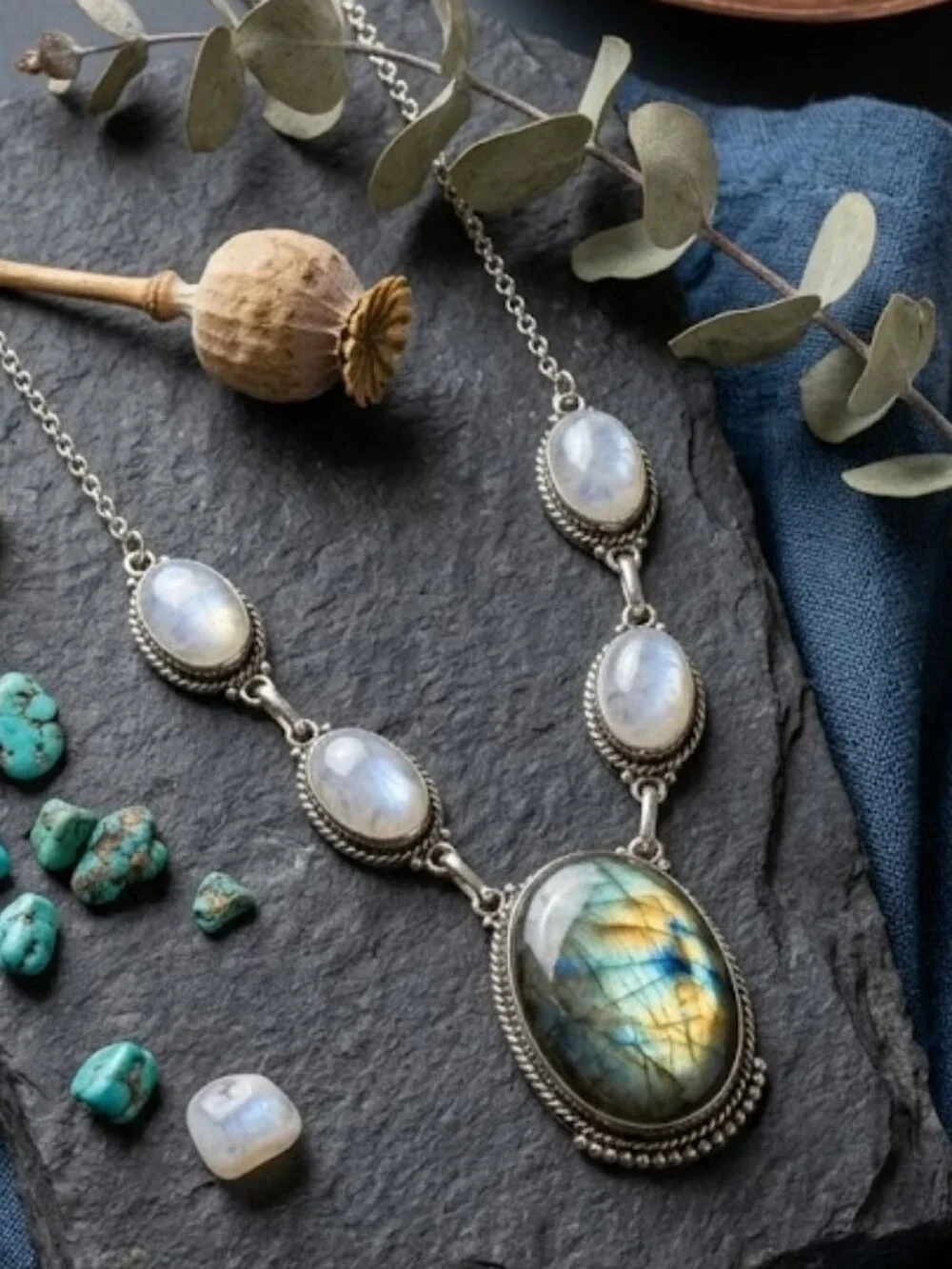 925 Silver Genuine Labradorite Moonstone Statement Necklace Whimsigoth Bohemian